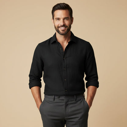 Long Sleeve Button Up Shirt with Pointed Collar and Curved Hem for Men