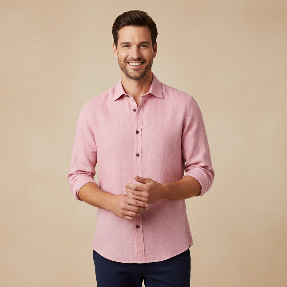 Long Sleeve Button Up Shirt with Pointed Collar and Curved Hem for Men