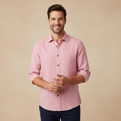 Long Sleeve Button Up Shirt with Pointed Collar and Curved Hem for Men
