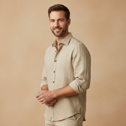 Long Sleeve Button Up Shirt with Pointed Collar and Curved Hem for Men