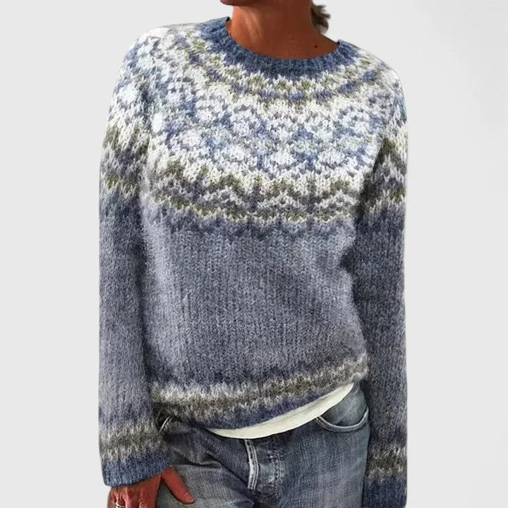 Fair Isle Crew Neck Sweater with Yoke Pattern and Ribbed Hem for Women