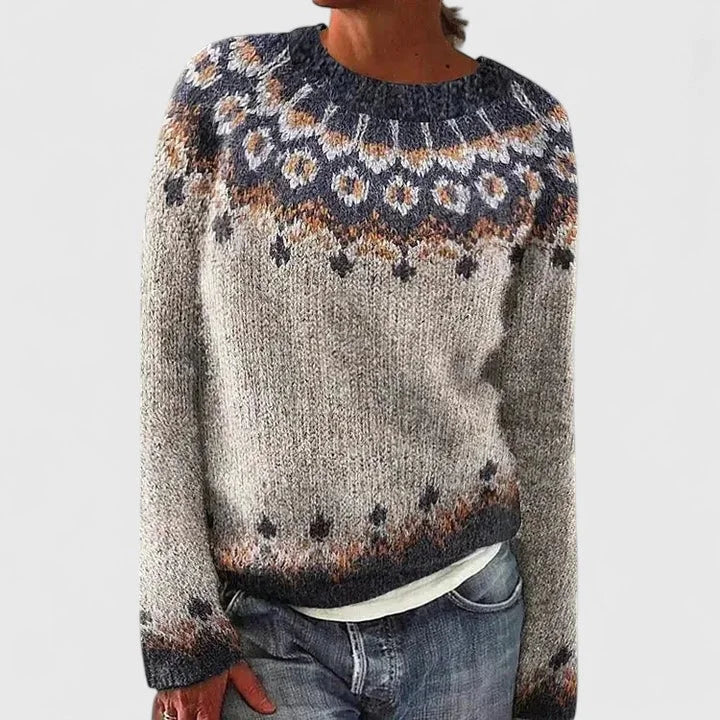 Fair Isle Crew Neck Sweater with Yoke Pattern and Ribbed Hem for Women