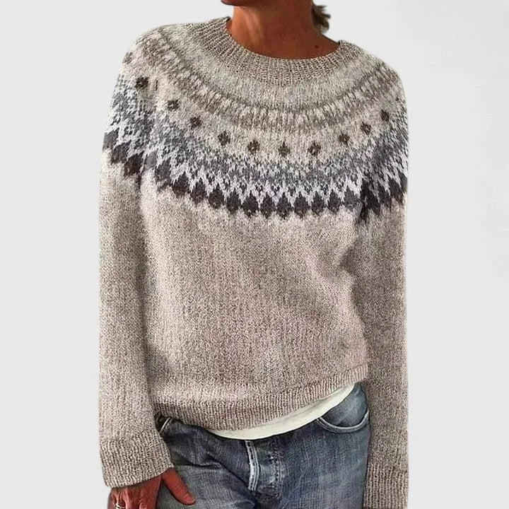 Fair Isle Crew Neck Sweater with Yoke Pattern and Ribbed Hem for Women