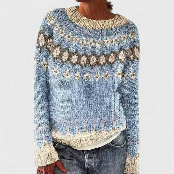 Fair Isle Crew Neck Sweater with Yoke Pattern and Ribbed Hem for Women
