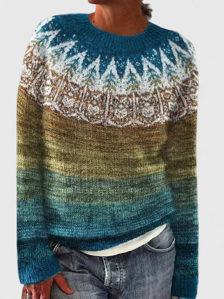 Fair Isle Crew Neck Sweater with Yoke Pattern and Ribbed Hem for Women