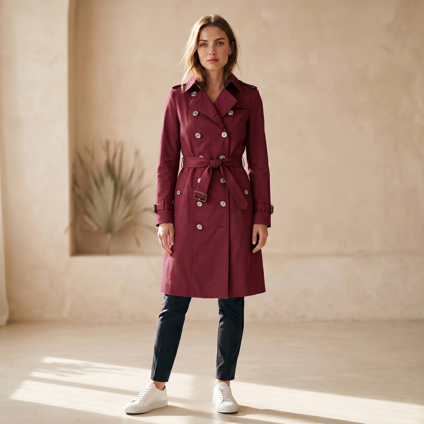 Elegant Fitted Trench Coat with Double Row of Buttons