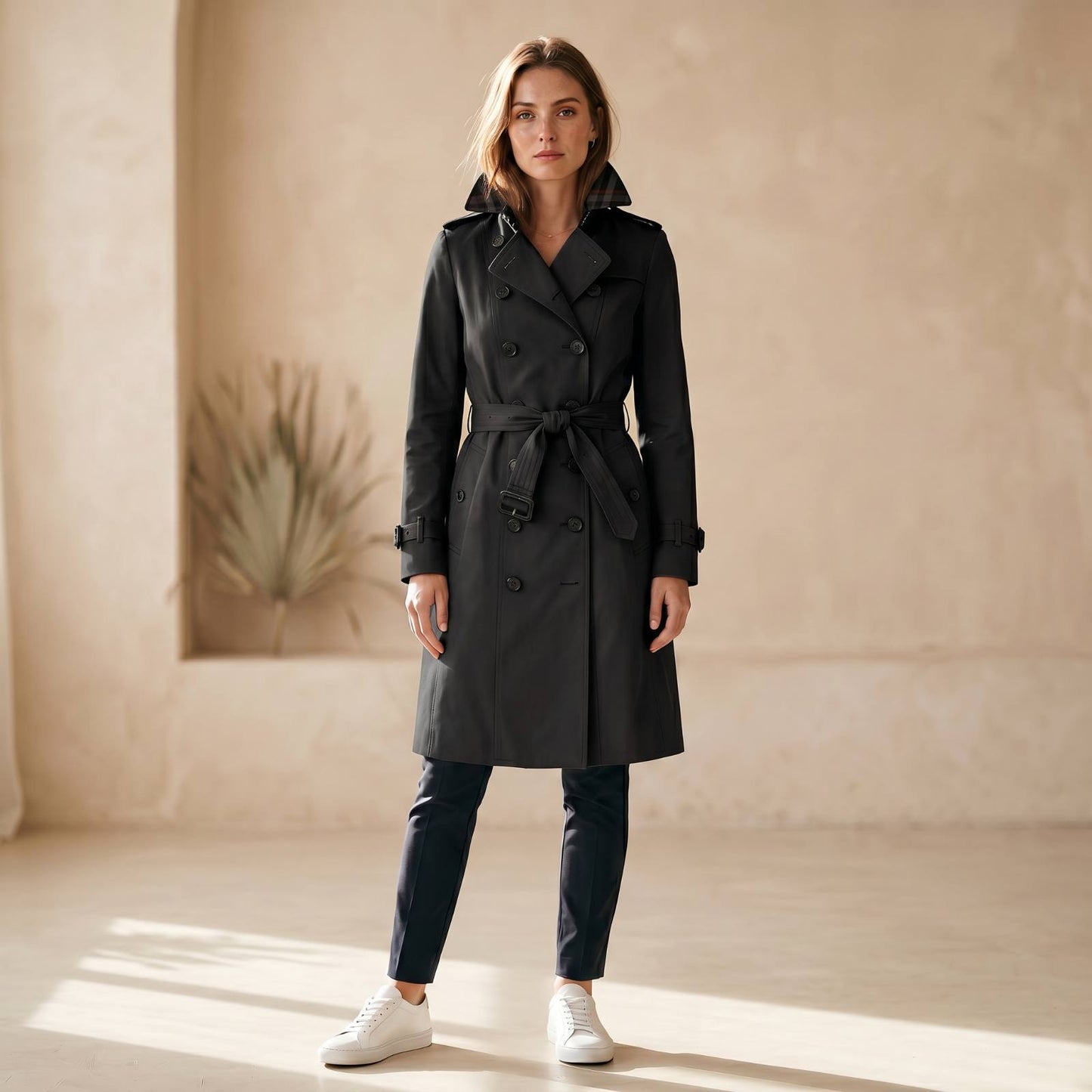 Elegant Fitted Trench Coat with Double Row of Buttons
